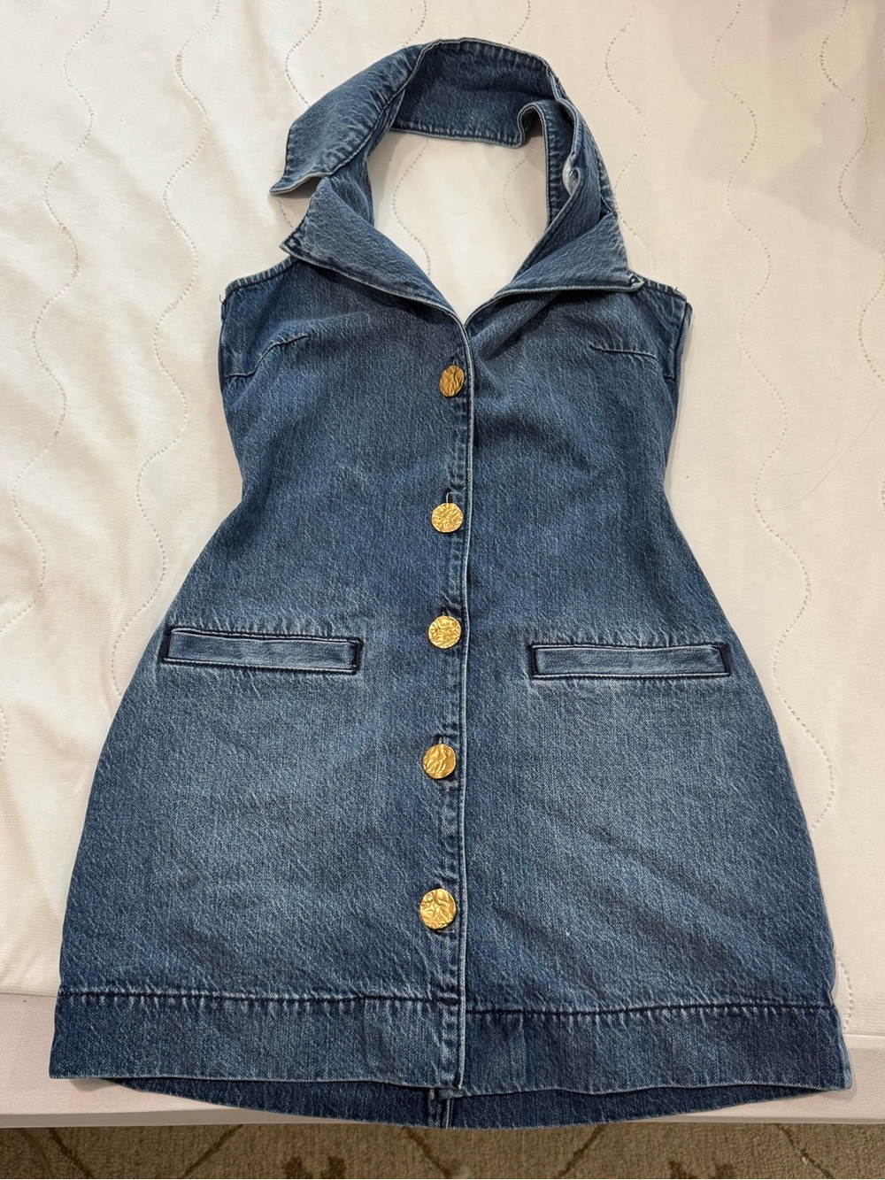 Show Me Your MuMu Dark Blue Denim Halter Mini Dress with Gold Buttons